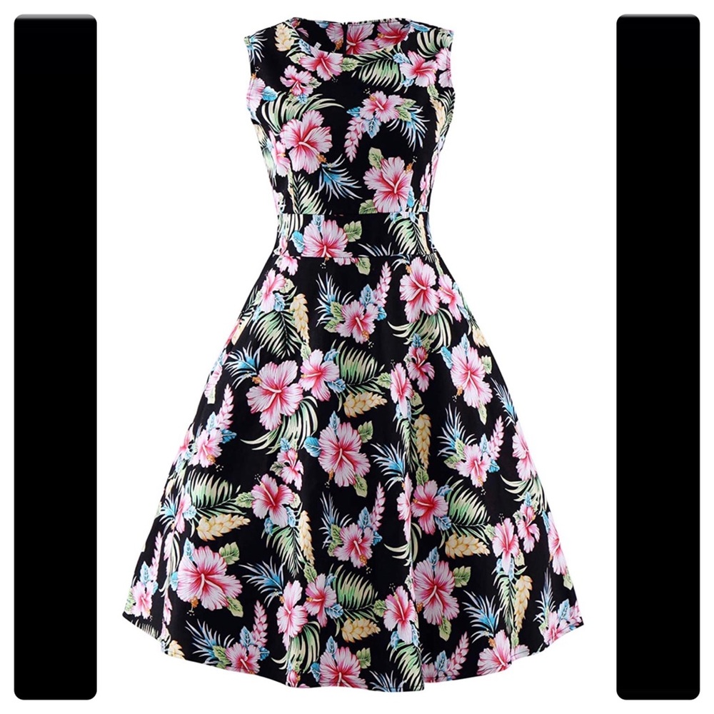 Retro-style a-line black dress, tropical hibiscus luau print XXL